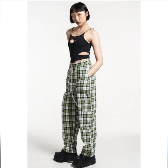 The Ragged Priest Pants - The Ragged Priest Green Plaid Cargo Combat Cotton Pants Size Medium